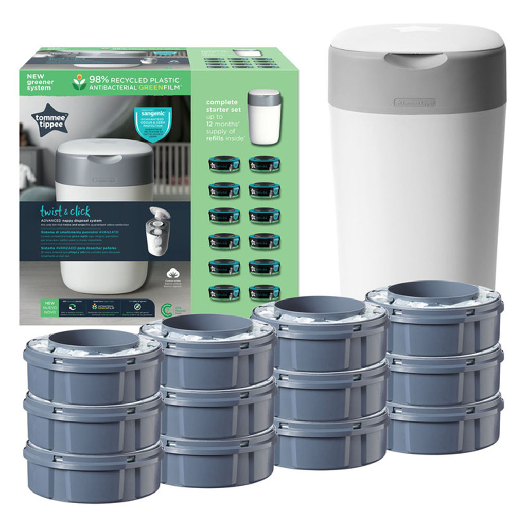 Tommee Tippee Twist & Click Sangenic Universal Advanced Nappy Disposal Bin With 12 Refill Cassette Complete Starter Set For Nappy Disposal - White
