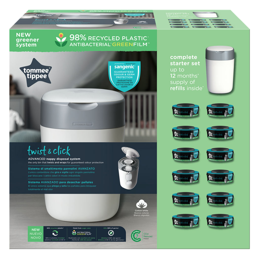 Tommee Tippee Twist & Click Sangenic Universal Advanced Nappy Disposal Bin With 12 Refill Cassette Complete Starter Set For Nappy Disposal - White