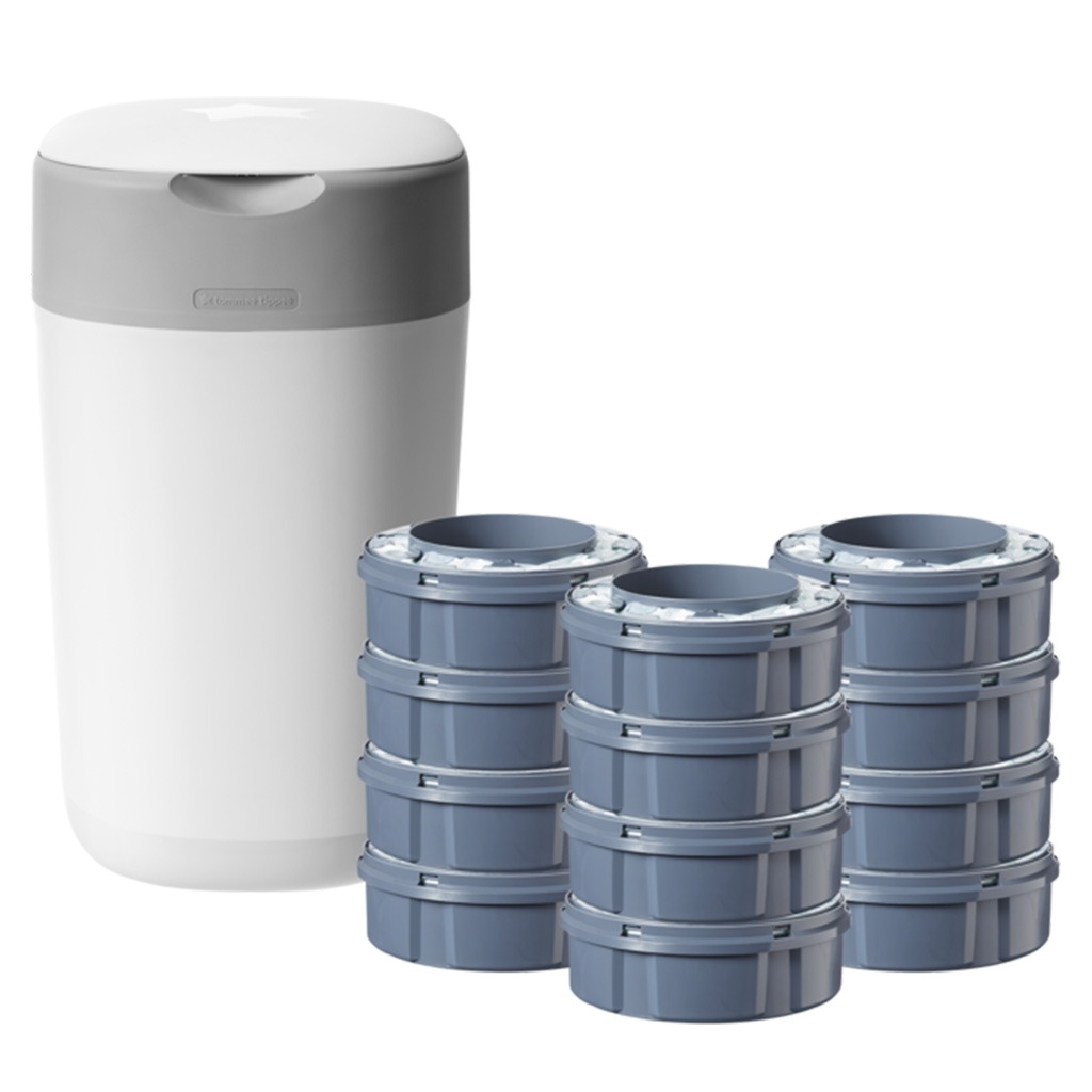 Tommee Tippee Twist & Click Sangenic Universal Advanced Nappy Disposal Bin With 12 Refill Cassette Complete Starter Set For Nappy Disposal - White