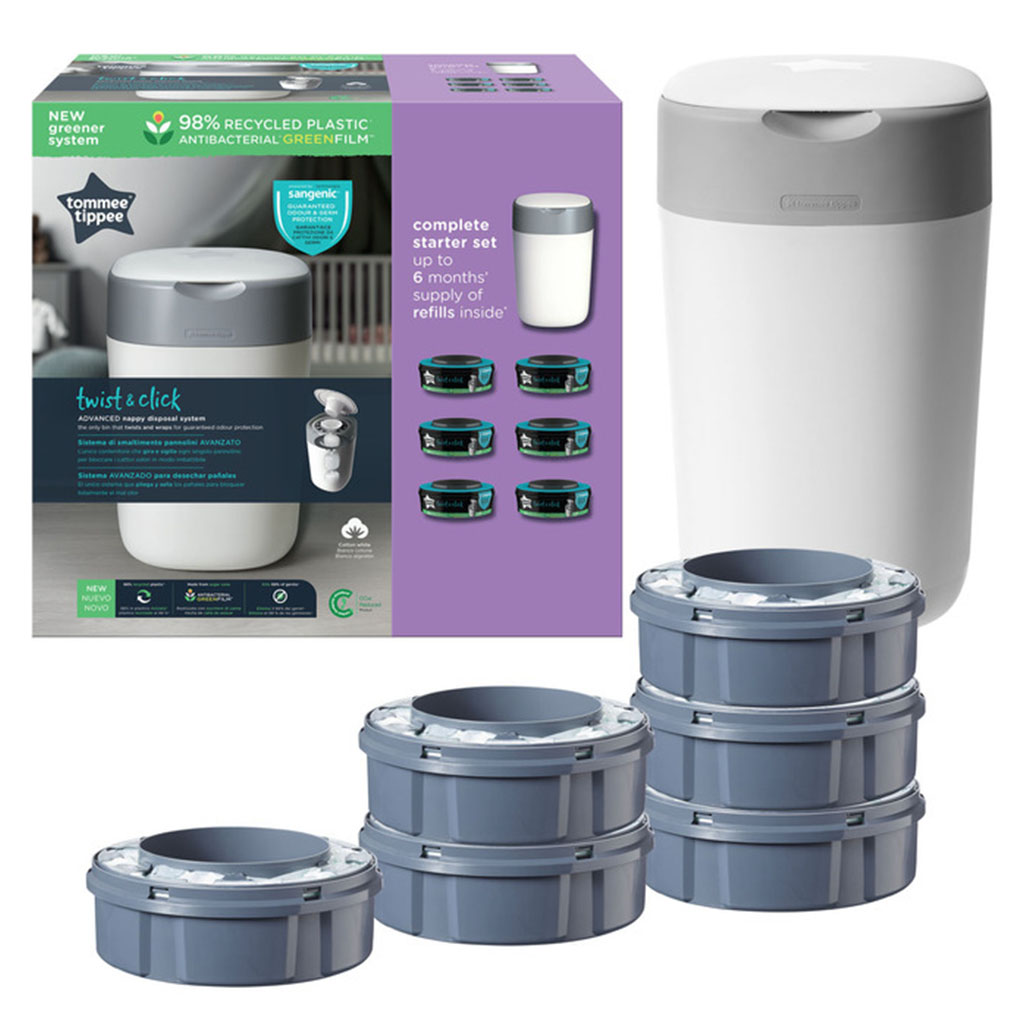 Tommee Tippee Twist & Click Advanced Nappy Disposal Bin + 6 Refill Cassette Complete Starter Set For Nappy Disposal