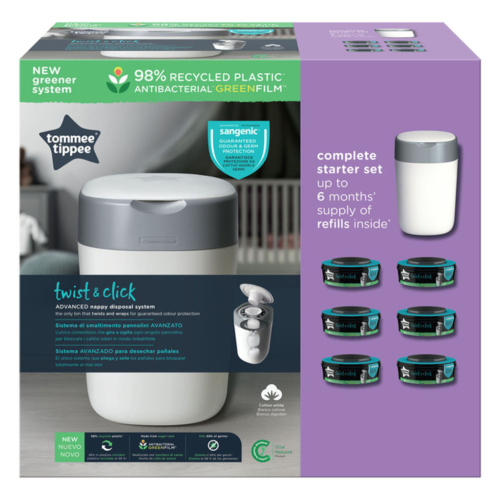 Tommee Tippee Twist & Click Advanced Nappy Disposal Bin + 6 Refill Cassette Complete Starter Set For Nappy Disposal