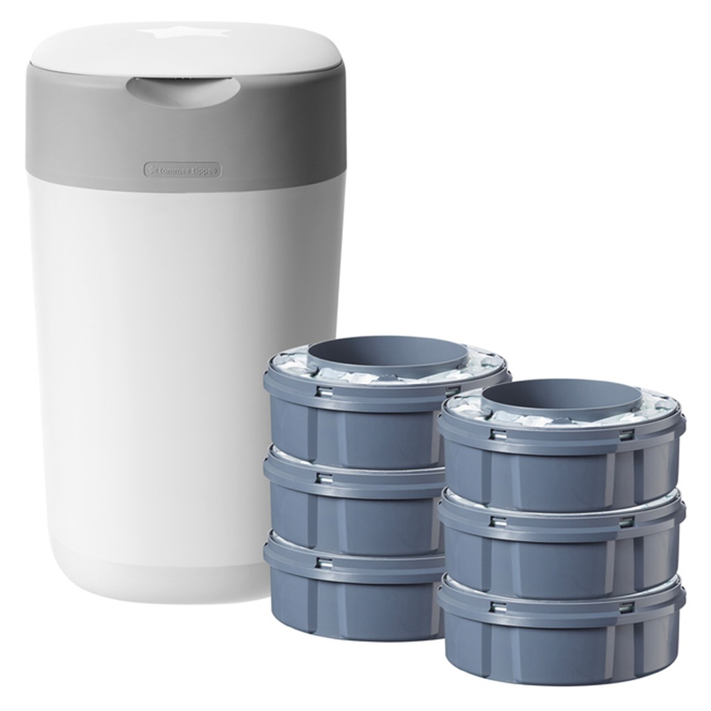Tommee Tippee Twist & Click Advanced Nappy Disposal Bin + 6 Refill Cassette Complete Starter Set For Nappy Disposal