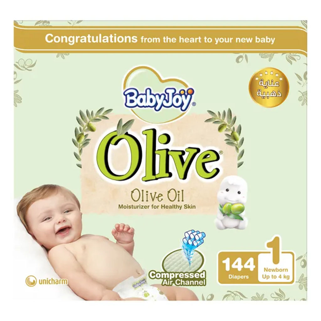 BabyJoy Olive Baby Diapers, Size 1 For Newborn Up to 4Kg, Pack of 144's