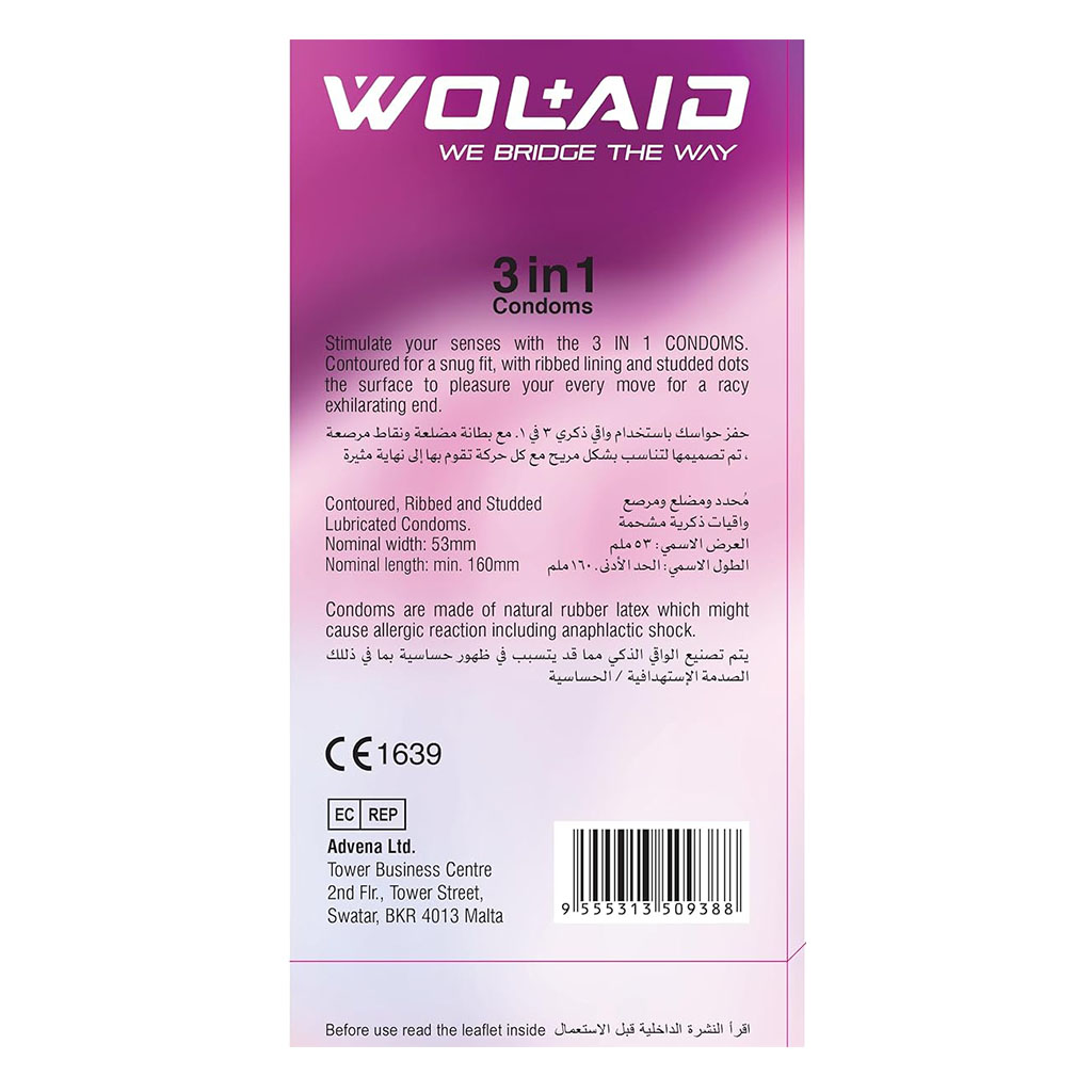 Wolaid 3 in 1 Contoured, Ribbed And Studded Condoms, Pack of 12's