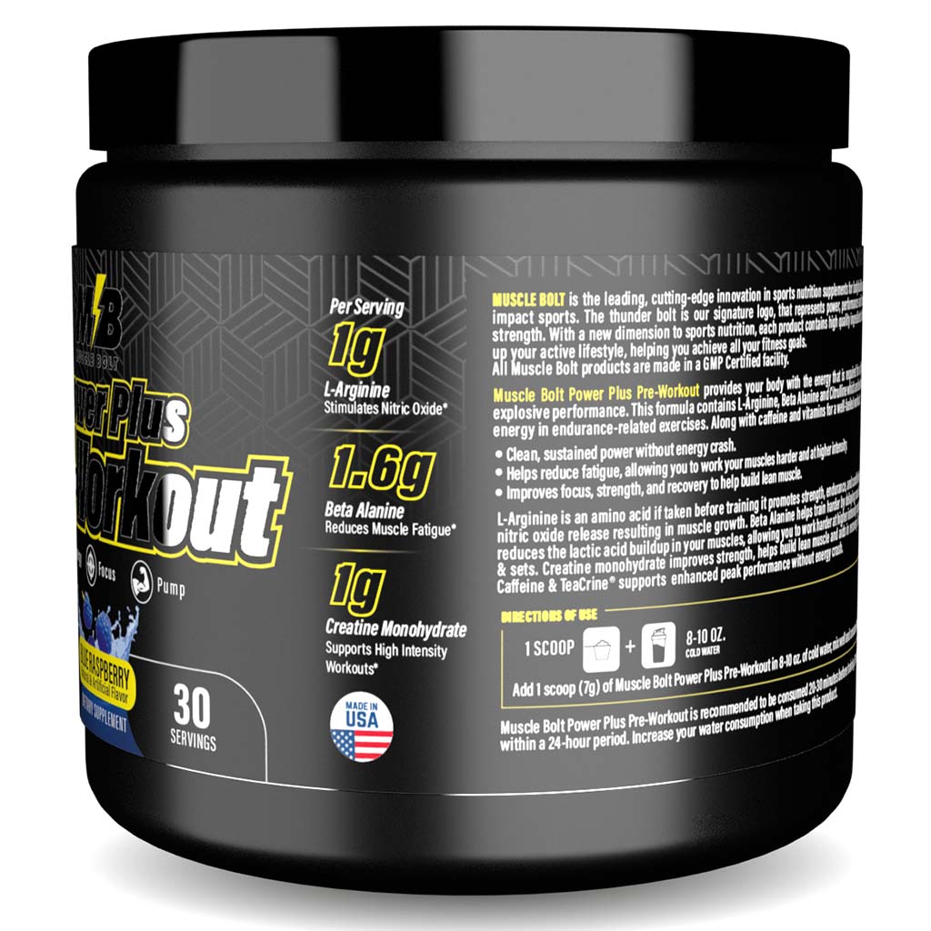 Muscle Bolt Power Plus Pre-Workout Supplement Powder With L- Arginine, Beta Alanine & Creatine Monohydrate - Blue Raspberry 210g