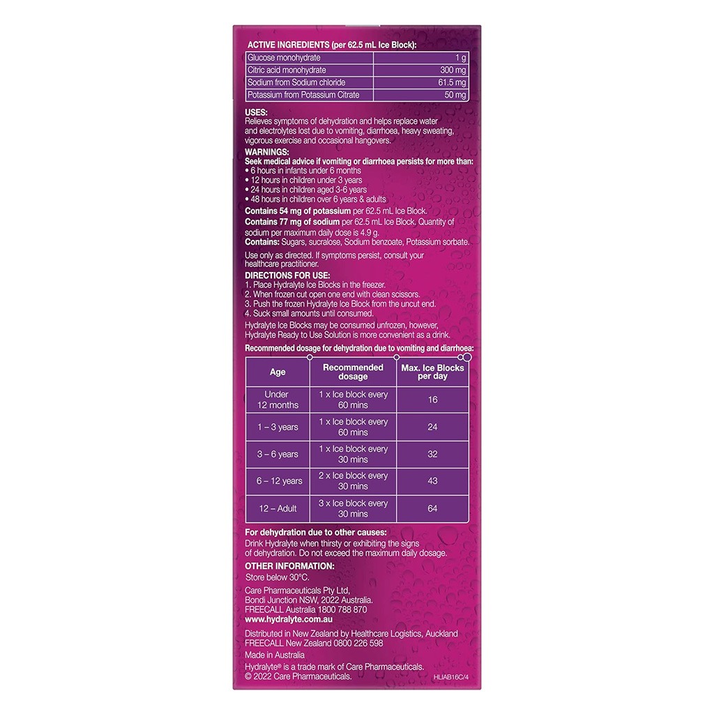 Hydralyte 62.5ml Electrolyte Ice Blocks For Dehydration, Apple Blackcurrant Flavor, Pack of 16's