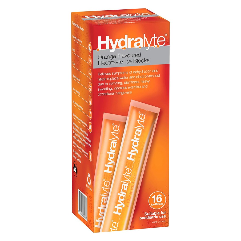 Hydralyte 62.5ml Electrolyte Ice Blocks For Dehydration, Orange Flavor, Pack of 16's