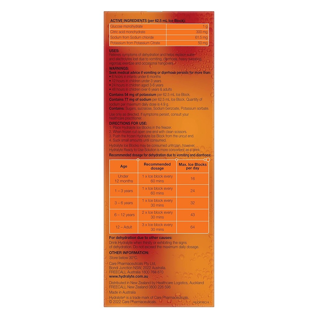 Hydralyte 62.5ml Electrolyte Ice Blocks For Dehydration, Orange Flavor, Pack of 16's