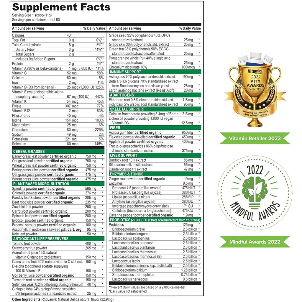 Vibrant Health Green Vibrance +25 Billion Probiotics Plant Based Super Food Powder 660g