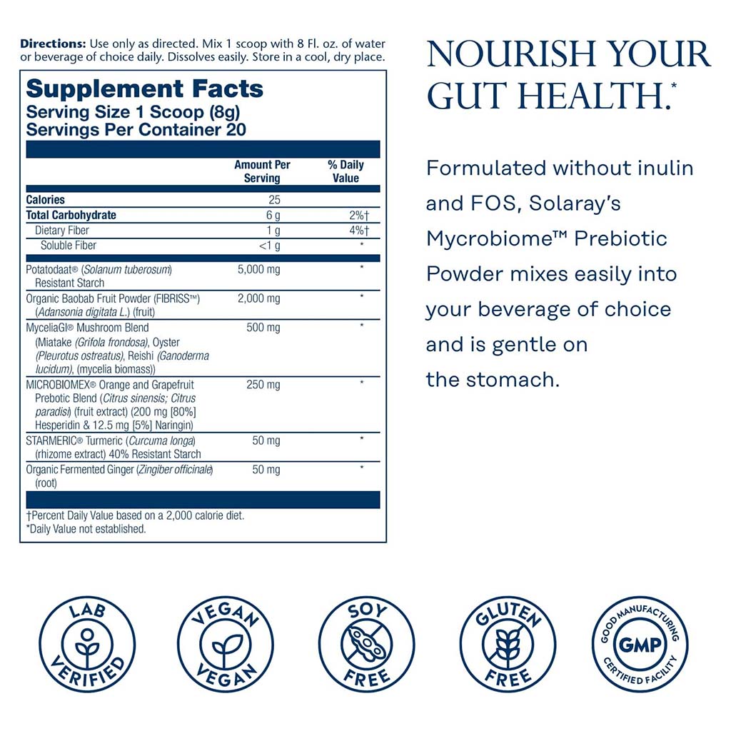 Solaray Microbiome Prebiotic Powder For Digestive Health & Healthy Gut Barrier, Unflavored, 160g