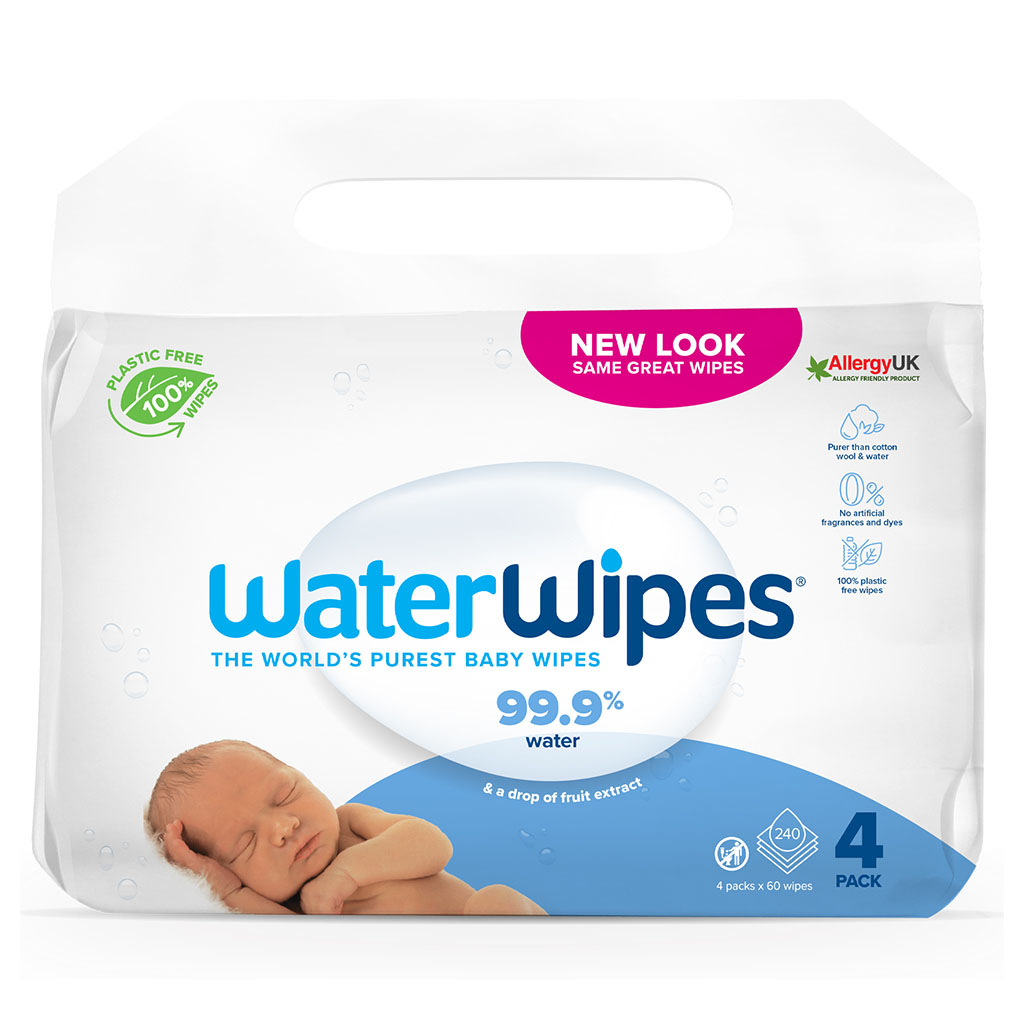 WaterWipes Original Plastic Free Baby Wipes, 4 Packs Each of 60 Unscented Wet Wipes