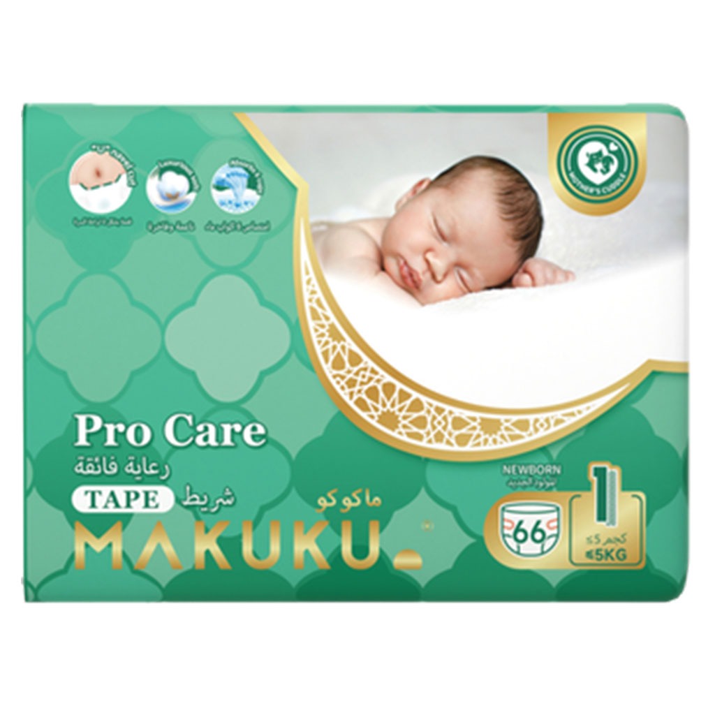 Makuku Pro Care Premium Tape Newborn Diapers, Size 1, For Up To 5Kg, Pack of 66’s