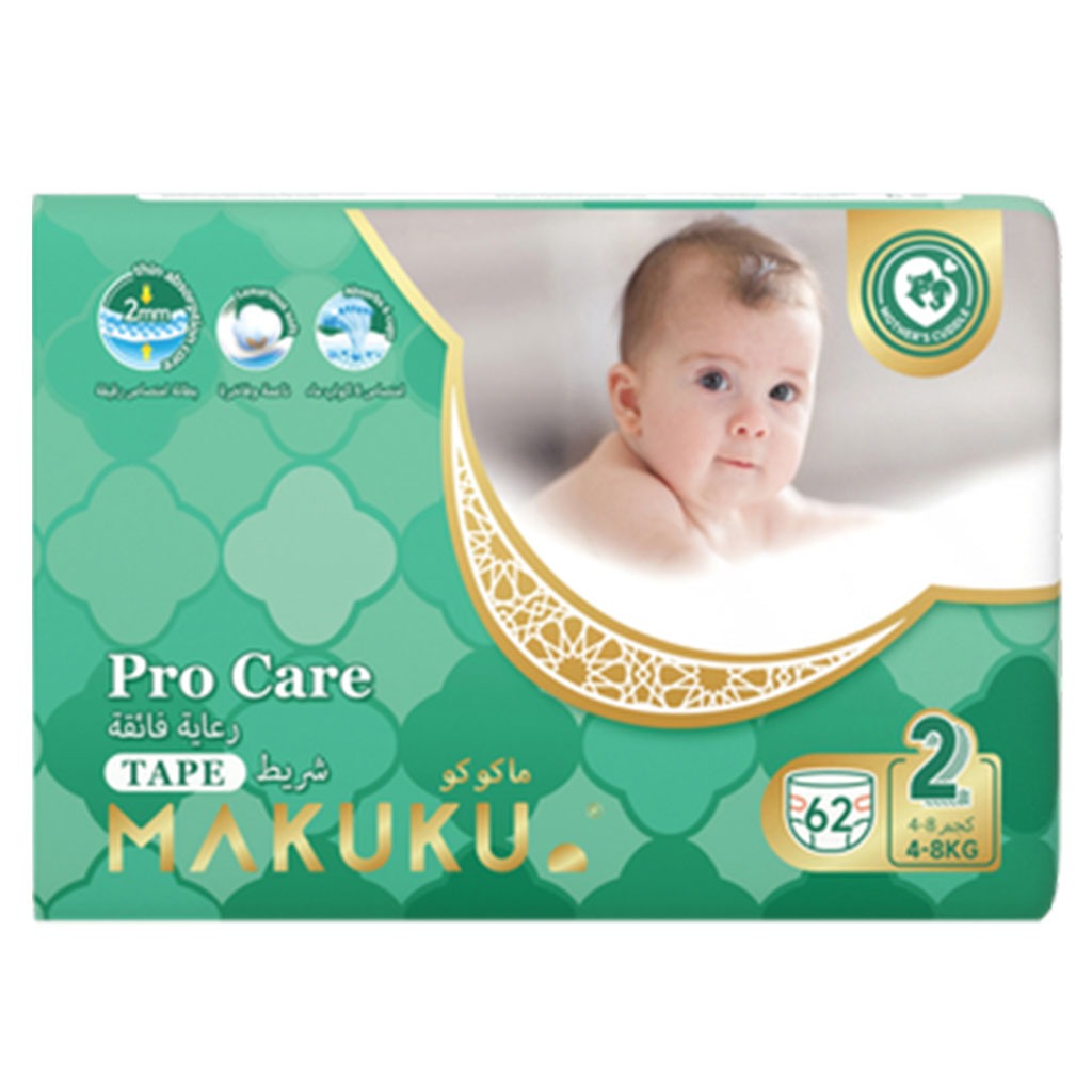 Makuku Pro Care Premium Tape Baby Diapers, Size 2, Small For 4 To 8Kg, Pack of 62’s