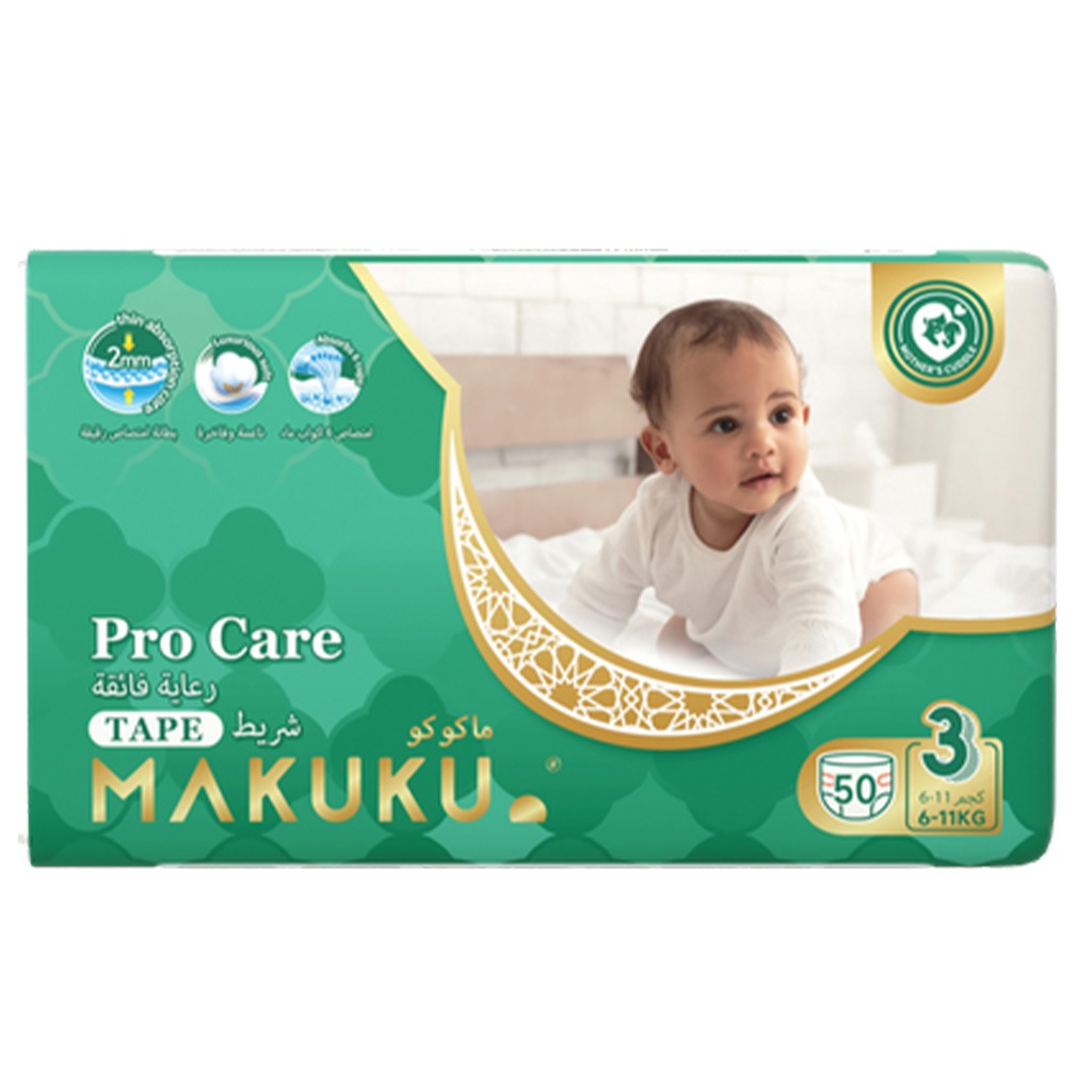 Makuku Pro Care Premium Tape Baby Diapers, Size 3, Medium For 6 To 11 Kg, Pack of 50’s
