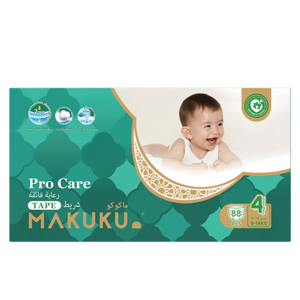 Makuku Pro Care Premium Tape Baby Diapers, Size 4, Large For 9 To 14Kg, Pack of 88's 