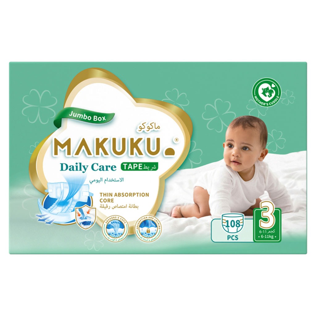 Makuku Daily Care Tape Baby Diapers, Size 3, Medium For 6 To 11Kg, JUMBO PACK of 108's