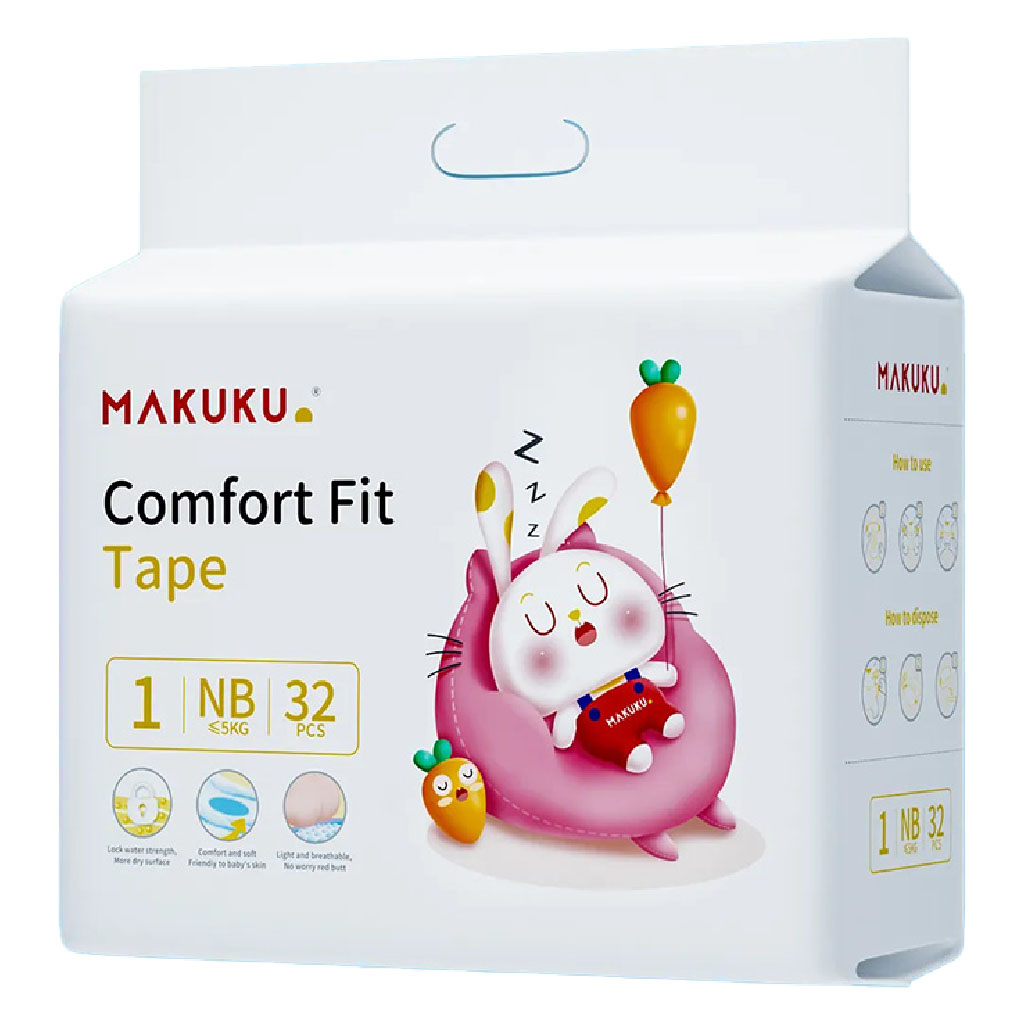 Makuku Comfort Fit Tape Newborn Diapers, Size 1 For 0 To 5Kg Baby, JUMBO PACK of 32x 8’s