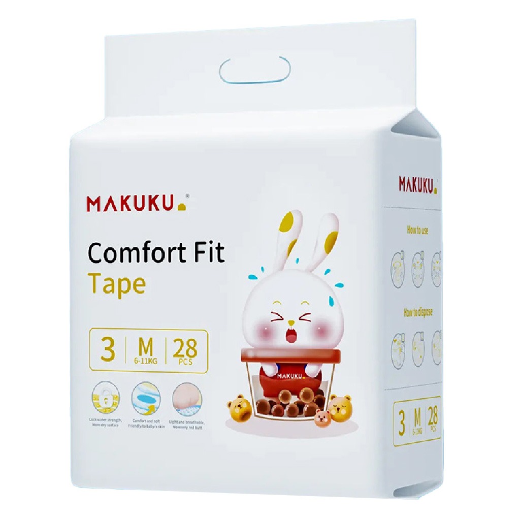 Makuku Comfort Fit Tape Baby Diapers, Size 3, Medium For 6 To 11Kg Baby, JUMBO PACK of 28x 8’s