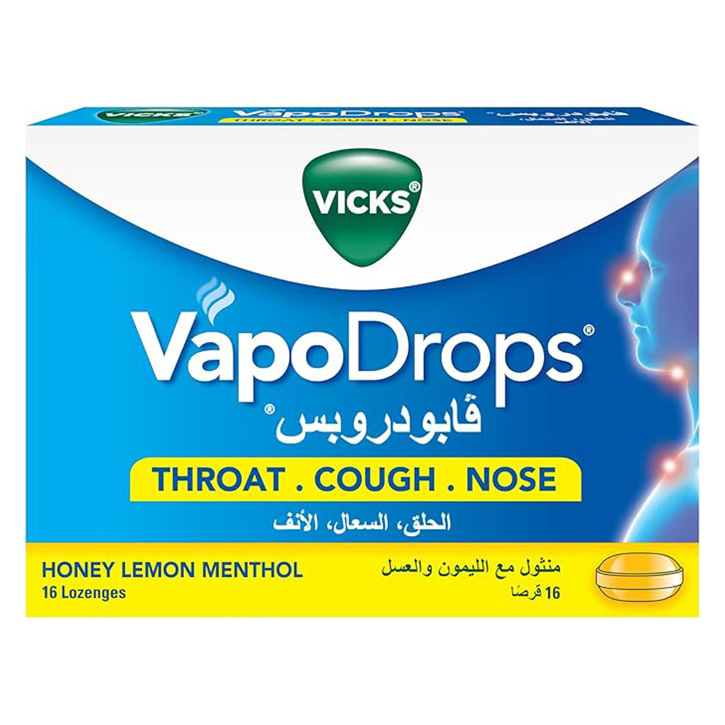 Vicks VapoDrops + Cough, Honey Lemon Flavored Lozenges For Sore Throat, Pack of 16's