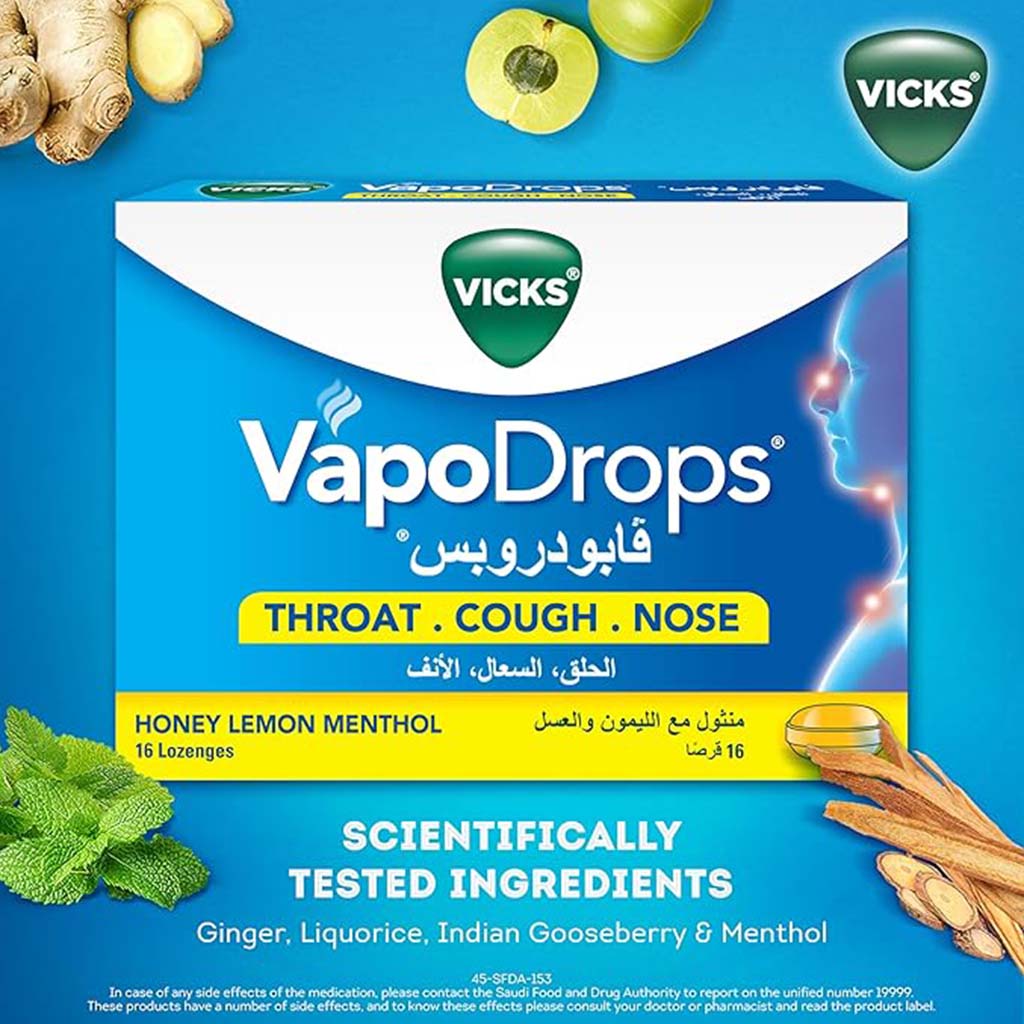 Vicks VapoDrops + Cough, Honey Lemon Flavored Lozenges For Sore Throat, Pack of 16's