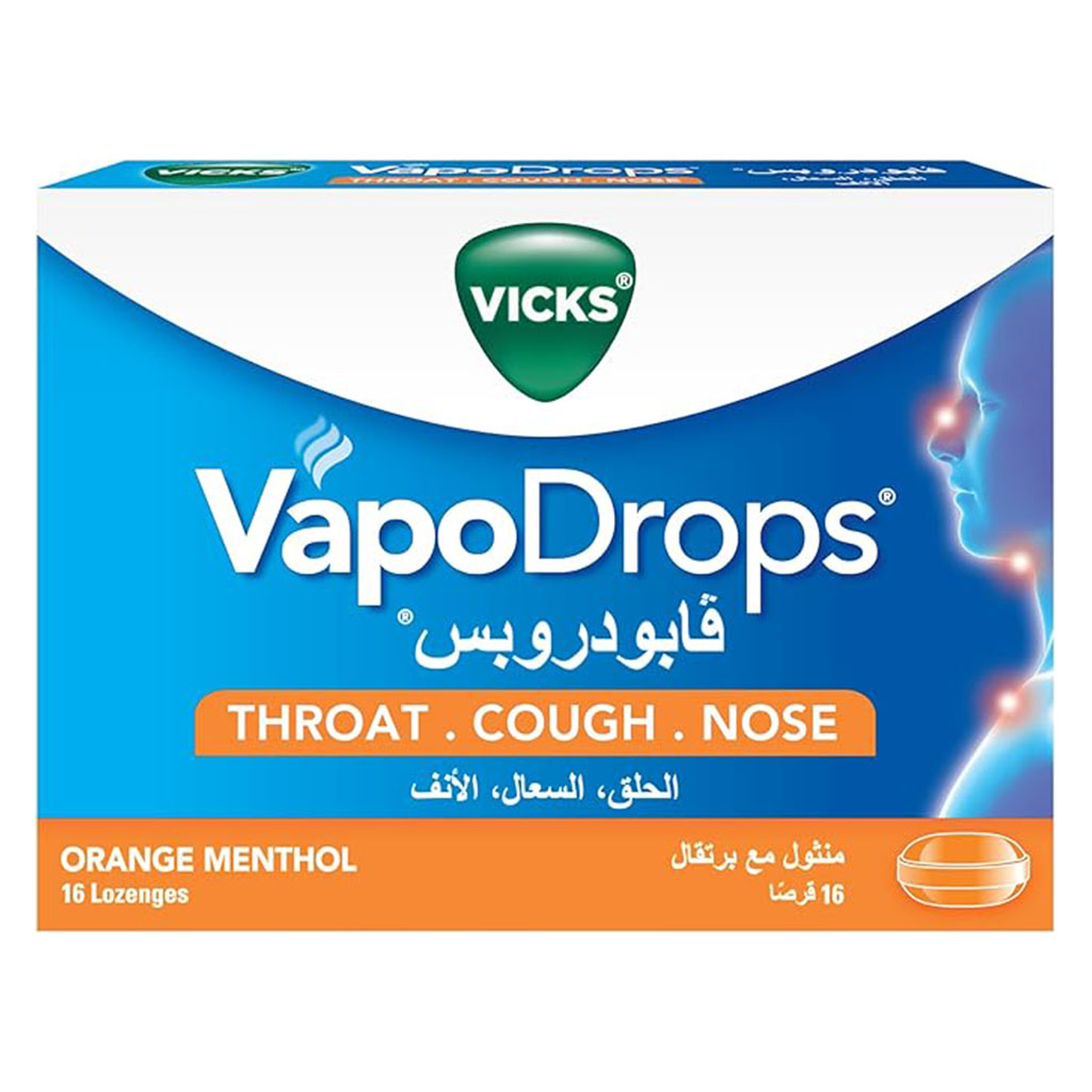 Vicks VapoDrops + Cough, Orange Menthol Flavored Lozenges For Sore Throat, Pack of 16's