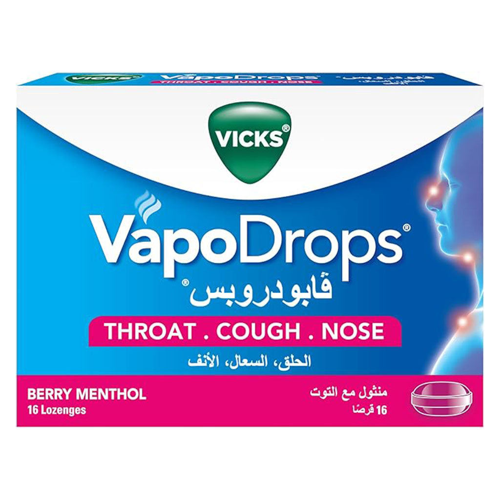Vicks VapoDrops + Cough, Berry Menthol Flavored Lozenges For Sore Throat, Pack of 16’s