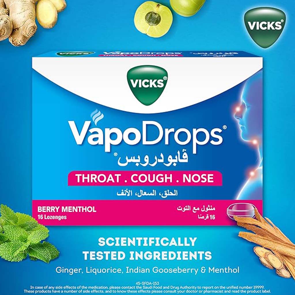 Vicks VapoDrops + Cough, Berry Menthol Flavored Lozenges For Sore Throat, Pack of 16’s