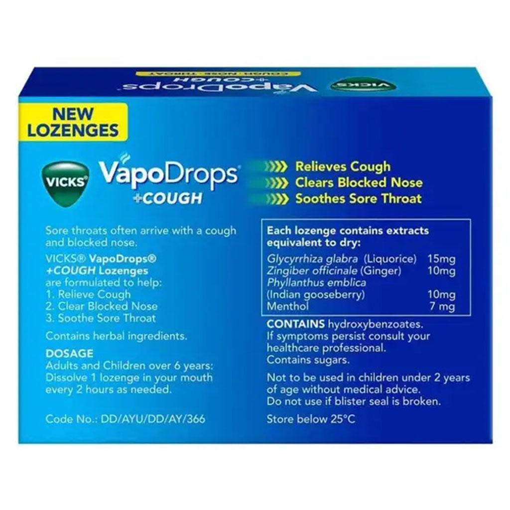 Vicks VapoDrops + Cough, Honey Lemon Flavored Lozenges For Sore Throat, Pack of 36's