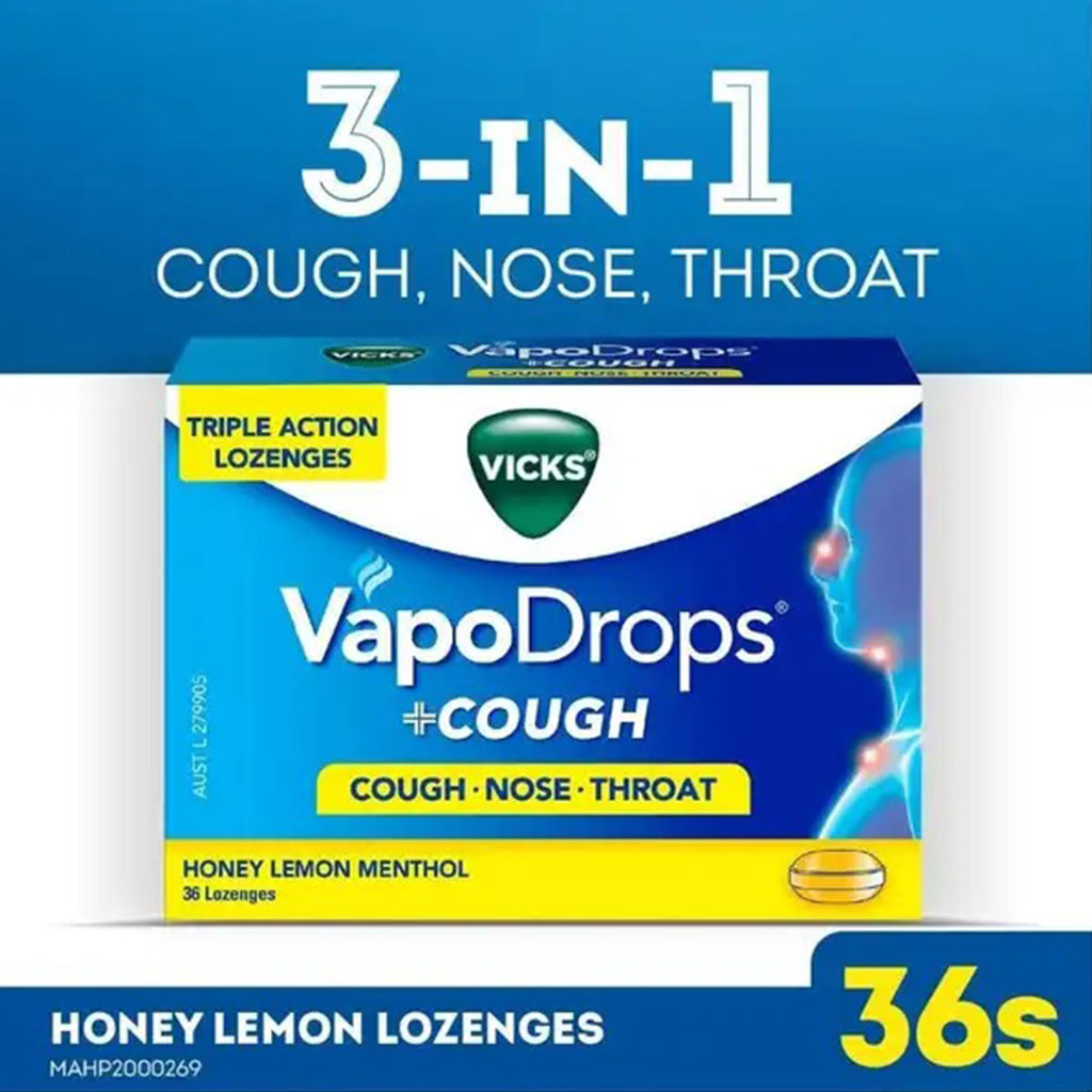 Vicks VapoDrops + Cough, Honey Lemon Flavored Lozenges For Sore Throat, Pack of 36's