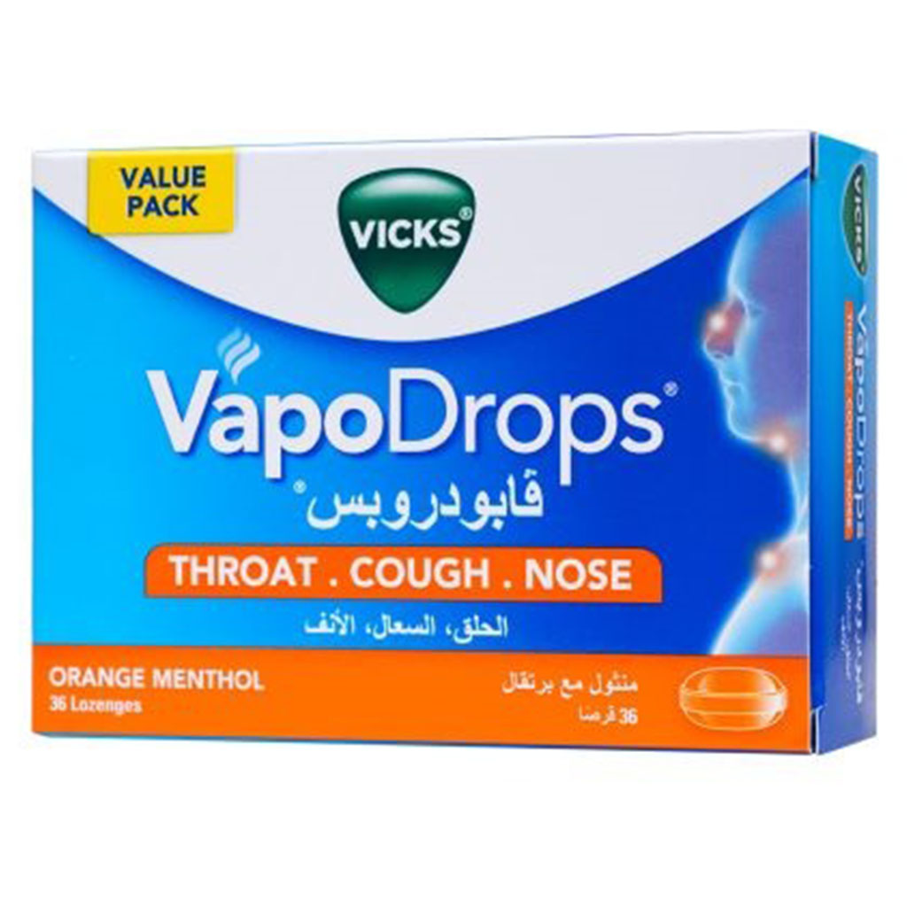 Vicks VapoDrops + Cough, Orange Menthol Flavored Lozenges For Sore Throat, Pack of 36's