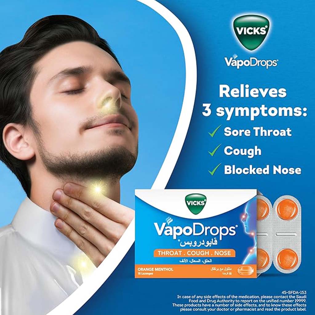 Vicks VapoDrops + Cough, Orange Menthol Flavored Lozenges For Sore Throat, Pack of 36's