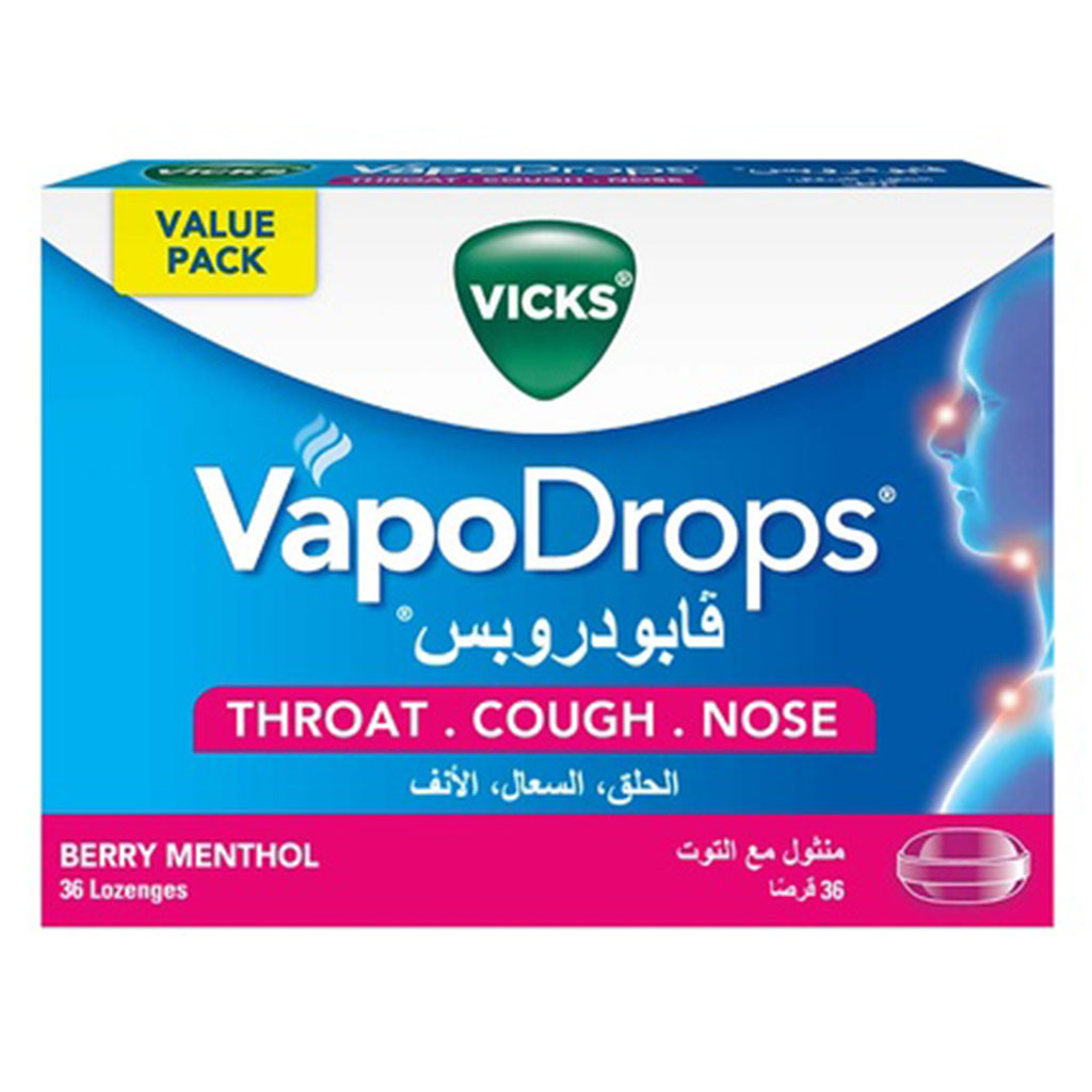 Vicks VapoDrops + Cough, Berry Menthol Flavored Lozenges For Sore Throat, Pack of 36’s