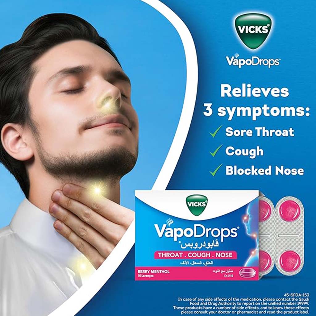 Vicks VapoDrops + Cough, Berry Menthol Flavored Lozenges For Sore Throat, Pack of 36’s