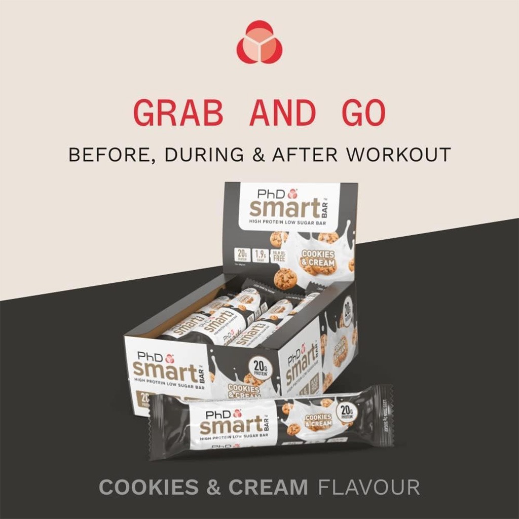 PhD Nutrition Smart Cookies & Cream Flavoured Protein Bar 64g, Pack of 12’s