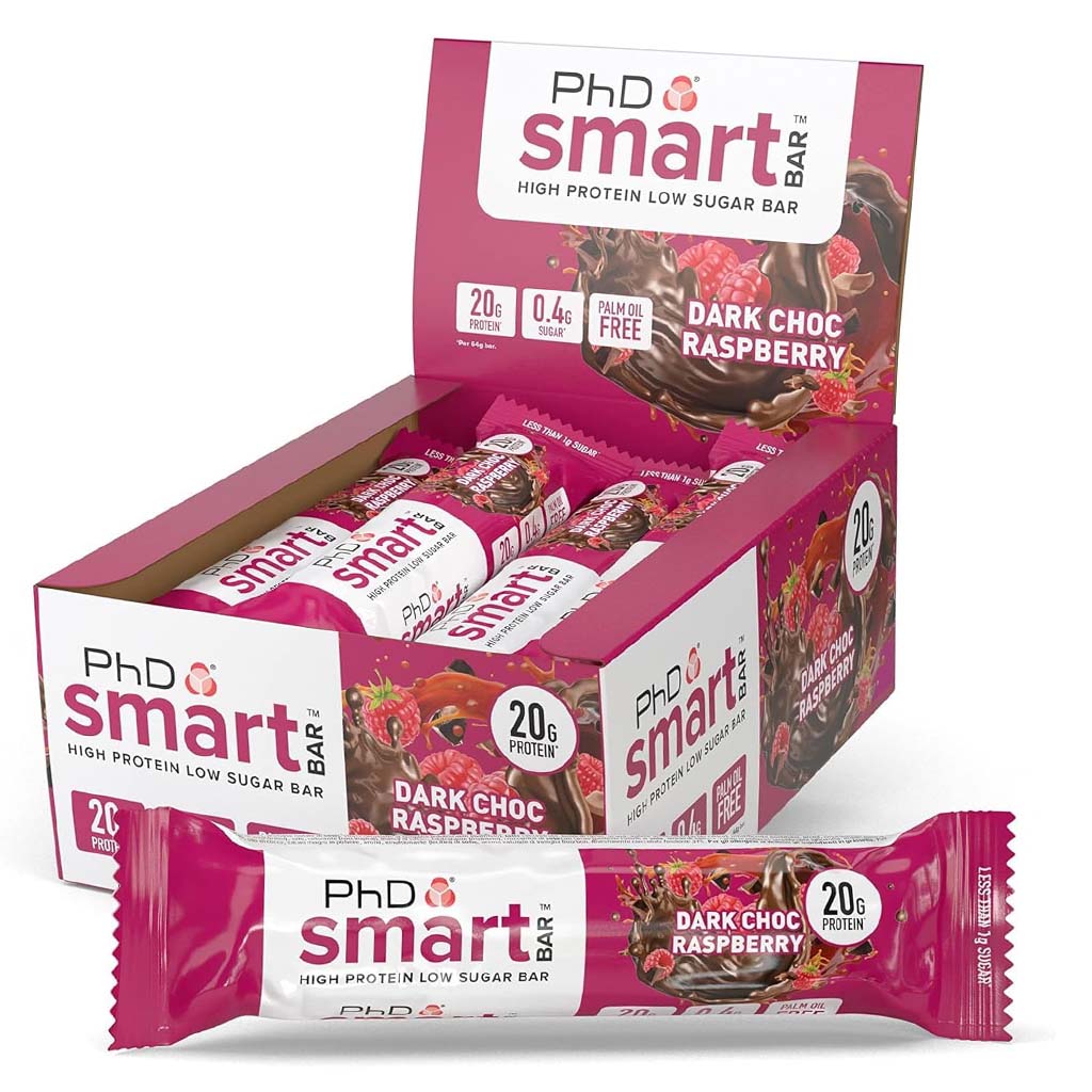 PhD Nutrition Smart Dark Chocolate & Raspberry Flavoured Protein Bar 64g, Pack of 12’s