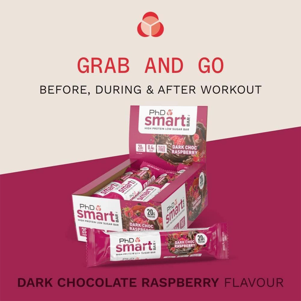 PhD Nutrition Smart Dark Chocolate & Raspberry Flavoured Protein Bar 64g, Pack of 12’s