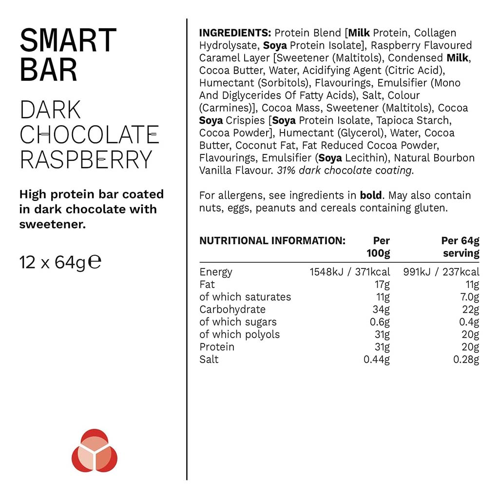 PhD Nutrition Smart Dark Chocolate & Raspberry Flavoured Protein Bar 64g, Pack of 12’s