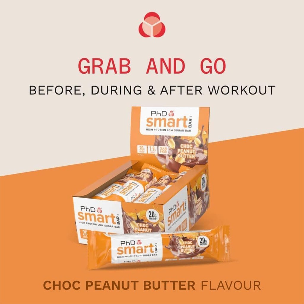 PhD Nutrition Smart Chocolate & Peanut Butter Flavoured Protein Bar 64g, Pack of 12's