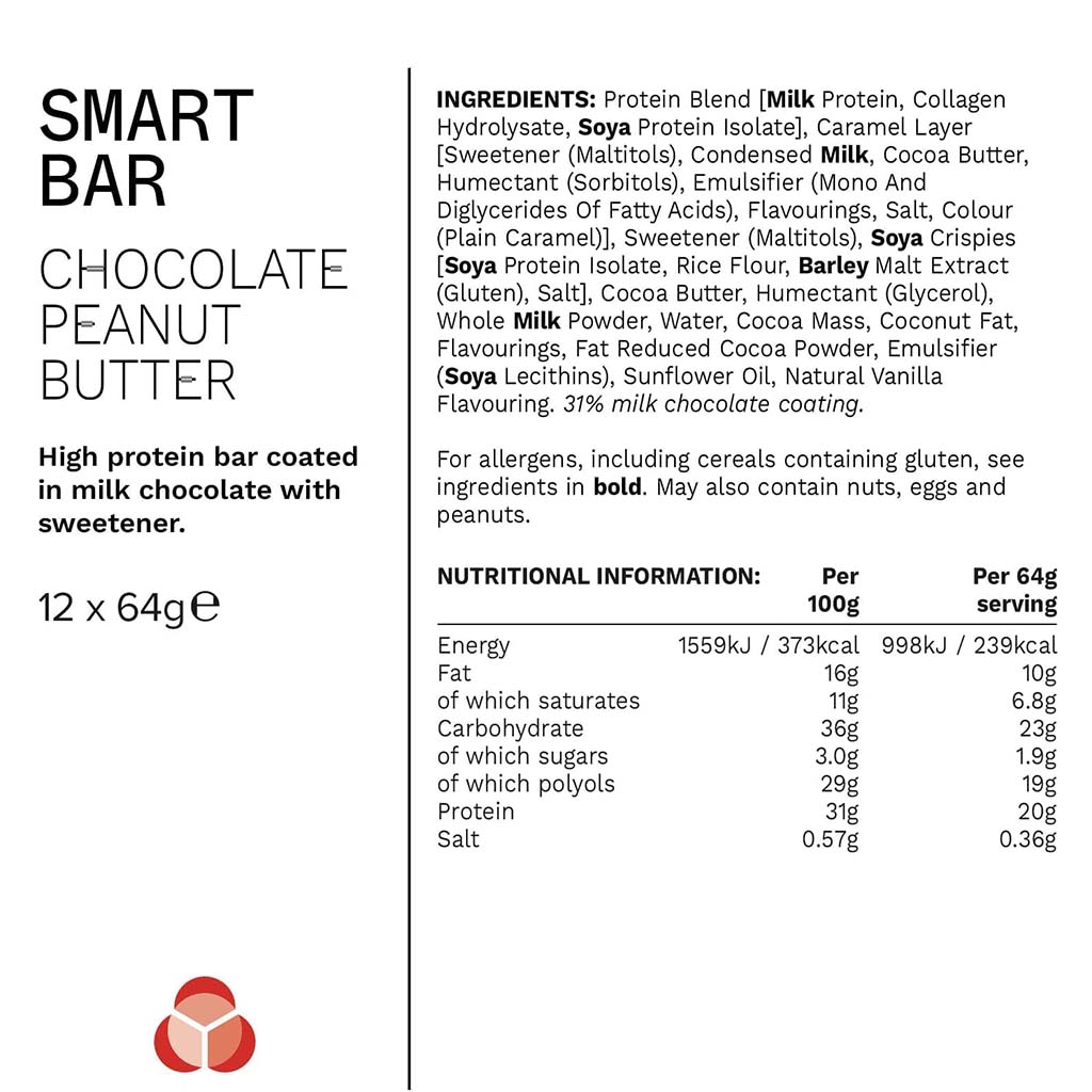 PhD Nutrition Smart Chocolate & Peanut Butter Flavoured Protein Bar 64g, Pack of 12's