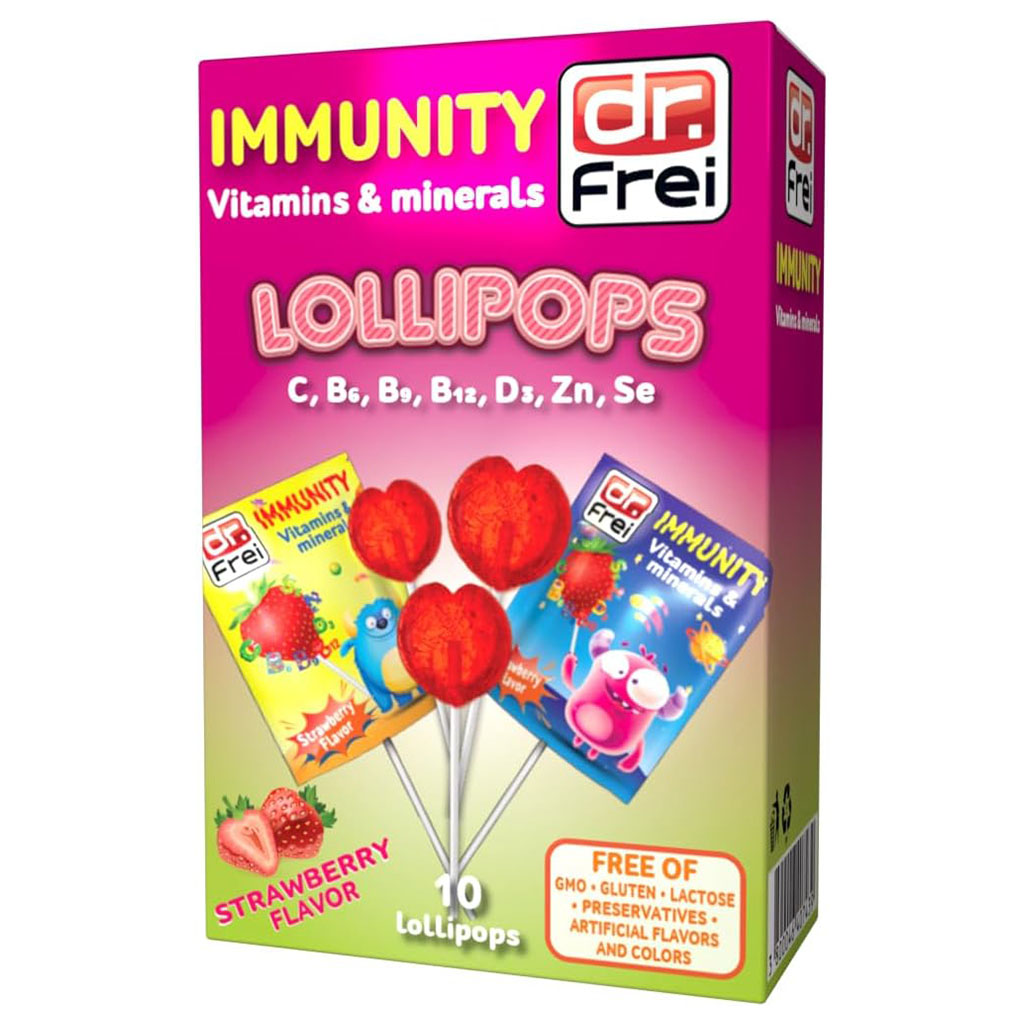 Dr. Frei Immunity Kids Vitamins & Minerals Lollipops Strawberry Flavor, Pack of 10’s