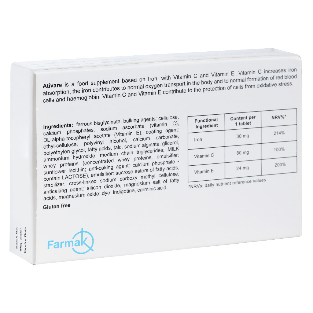 Ativare Ferrous Bisglycinate & Vitamin C, Iron Supplement Tablets, Pack of 30’s 