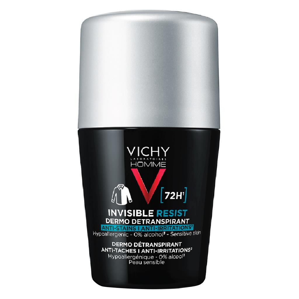 Vichy Homme 72 Hour Invisible Resist Dermo Detranspirant, Anti-Stains & Anti-irritation Deodorant Roll On For Men 50ml