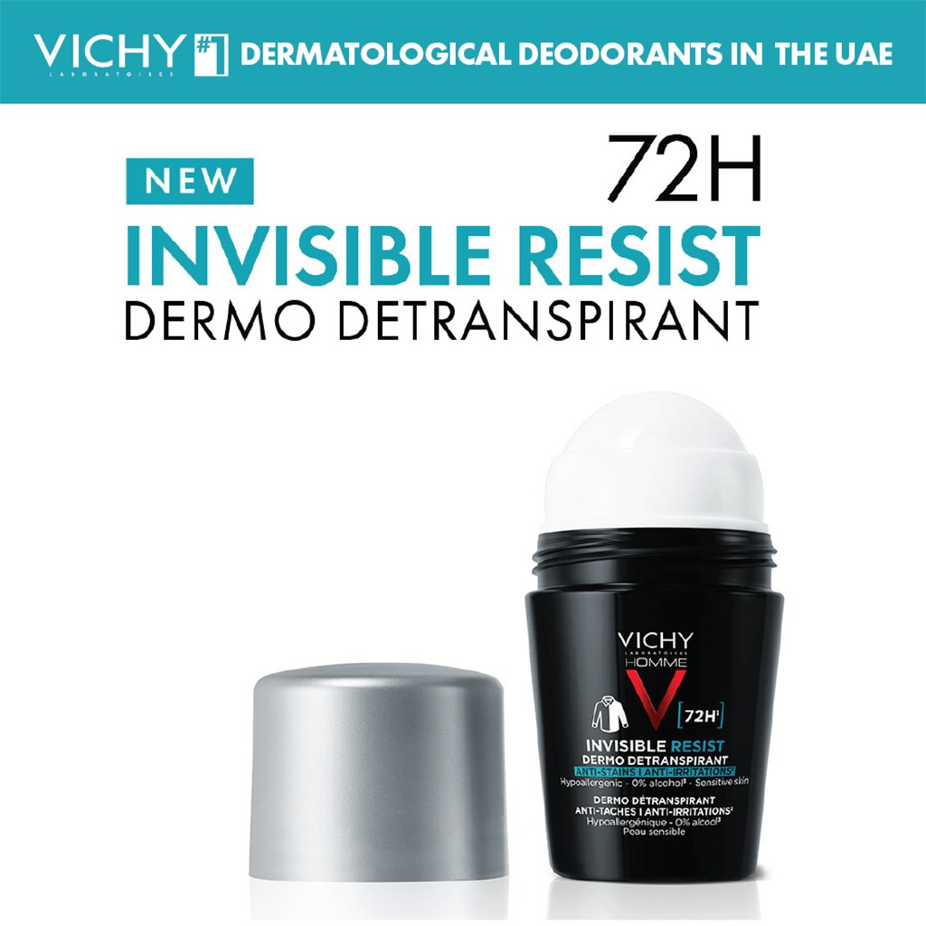 Vichy Homme 72 Hour Invisible Resist Dermo Detranspirant, Anti-Stains & Anti-irritation Deodorant Roll On For Men 50ml