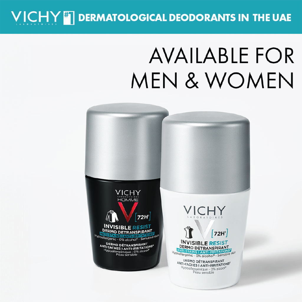 Vichy Homme 72 Hour Invisible Resist Dermo Detranspirant, Anti-Stains & Anti-irritation Deodorant Roll On For Men 50ml