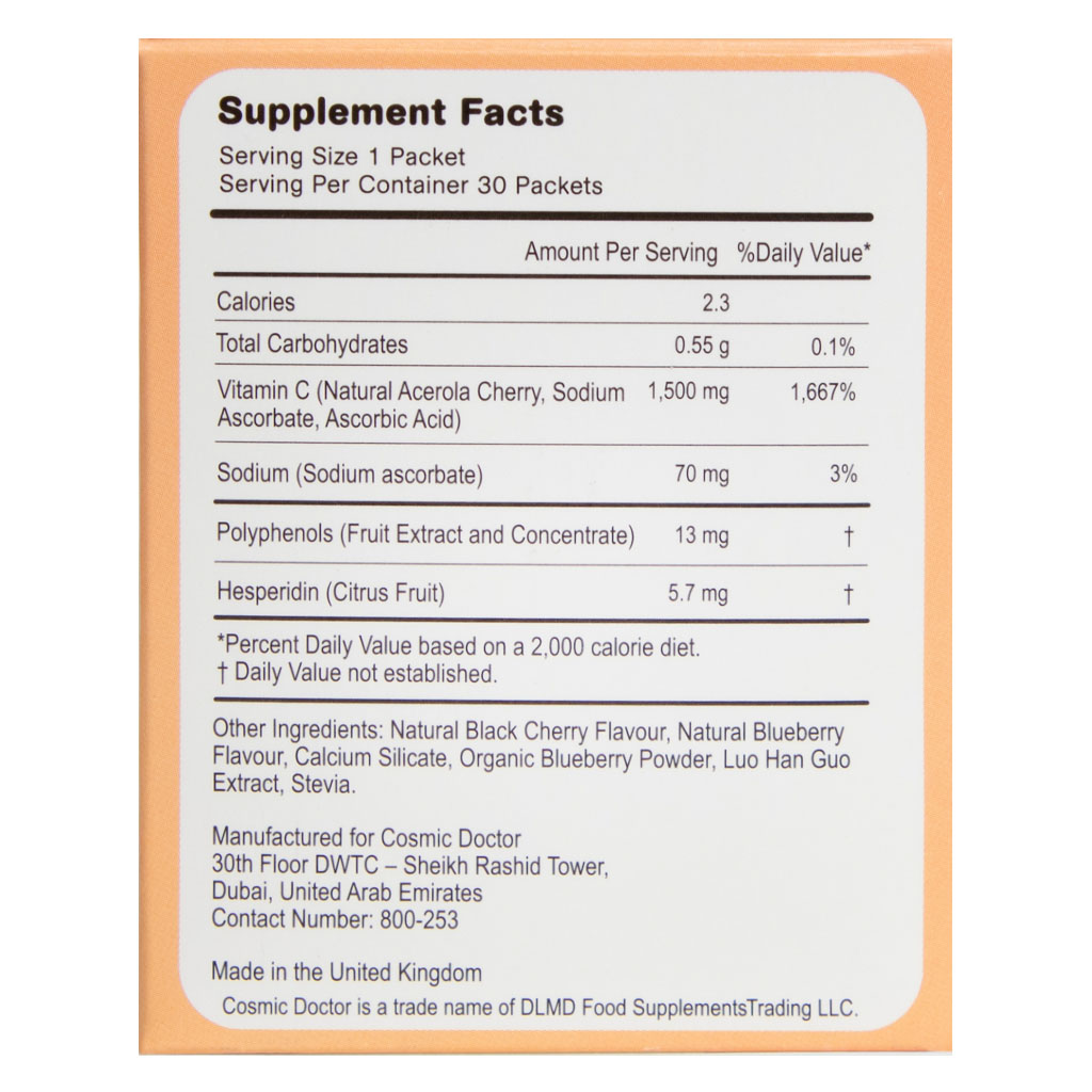 Cosmic Doctor Double C 1500mg Vitamin C Supplement Sachets Blueberry Acerola Flavour, Pack of 30's
