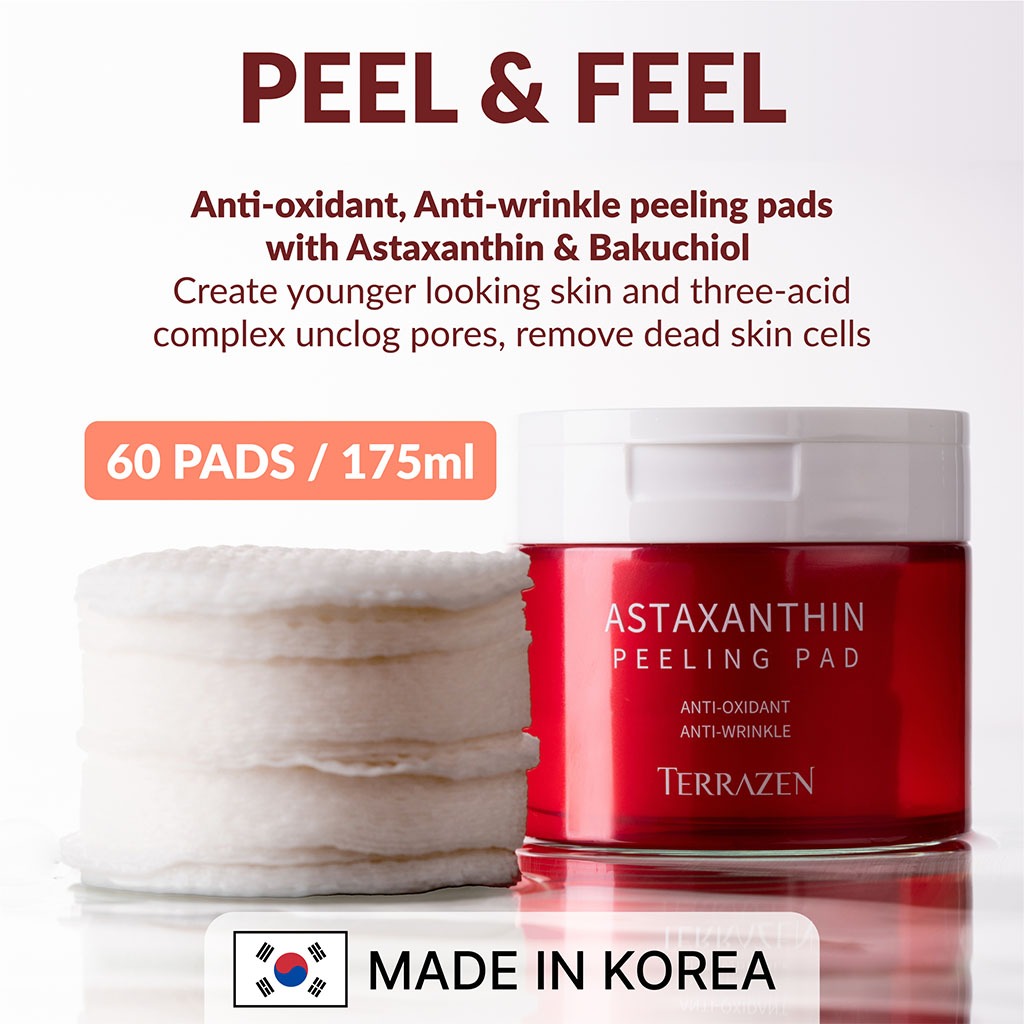 Terrazen Astaxanthin Antiwrinkle & Antioxidant Peeling Facial Pads 175ml, Pack of 60's