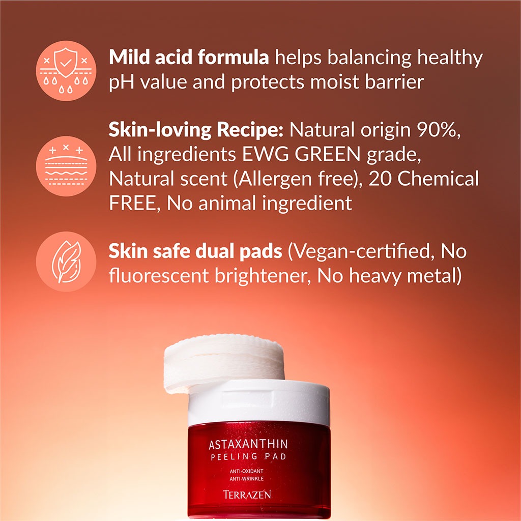 Terrazen Astaxanthin Antiwrinkle & Antioxidant Peeling Facial Pads 175ml, Pack of 60's