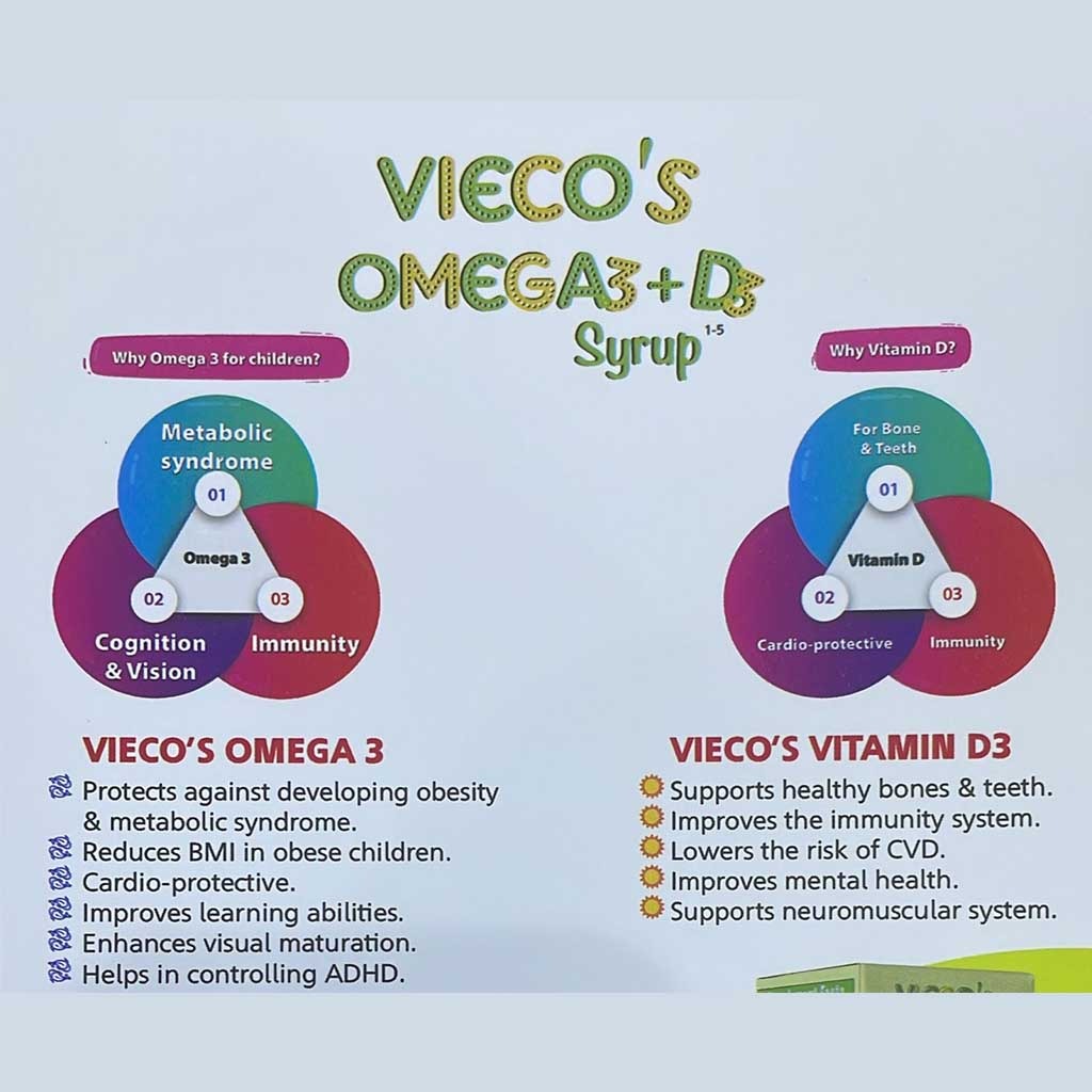 Vieco's Omega 3 + Vitamin D3 Lemon Flavoured Syrup For Kids 100ml