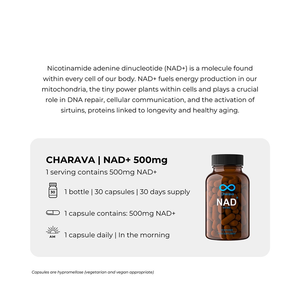 Charava NAD+ 500mg Antiaging Supplement Capsules, Pack of 30's