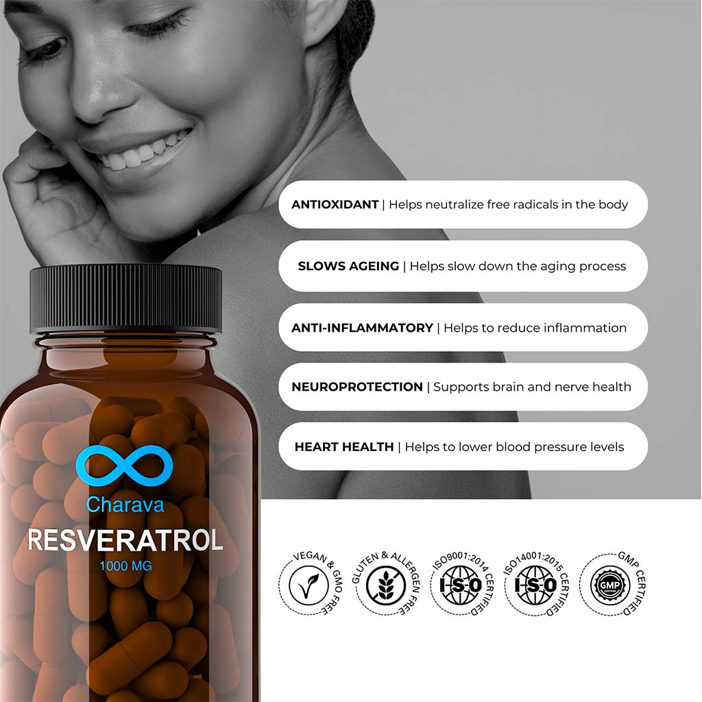 Charava Resveratrol 1000mg Antiaging Supplement Capsules, Pack of 60's
